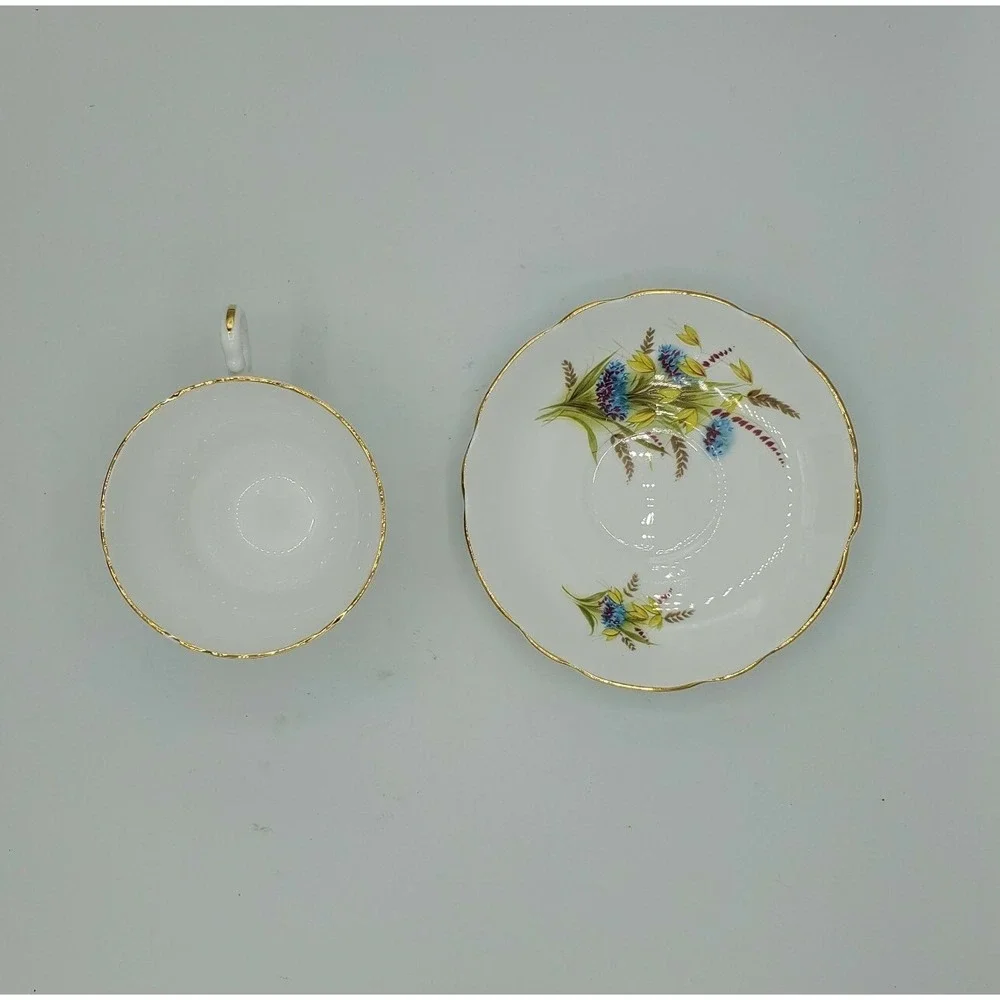 Royal Ascot Tea Cup‎ Saucer Wheat Blue Purple Flower Gold Rim Scallop Footed